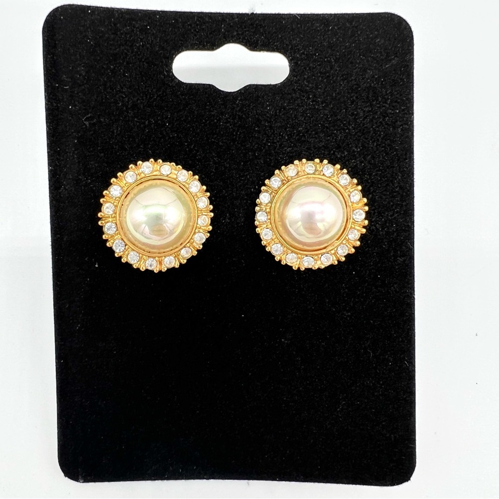Gold Tone Faux Pearl Rhinestone Halo Stud Earrings Classic Elegant